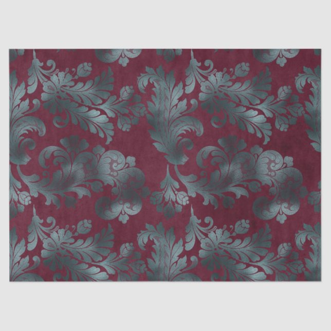 Blue Green Flowers on Wine Red Decoupage Tissue Paper (Front)