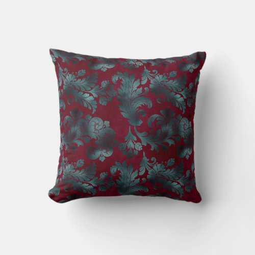 Blue Green Flowers on Wine Red Throw Pillow