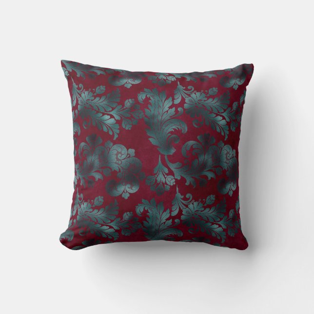 Blue Green Flowers on Wine Red Throw Pillow (Front)