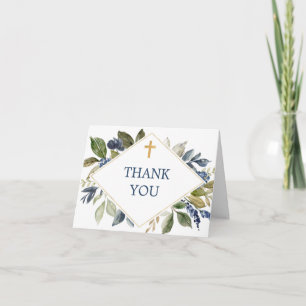 Blue green foliage baptism first communion cross letterpress thank you card
