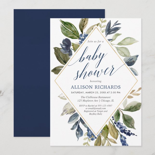 Blue green foliage boy baby shower geometric invitation (Front/Back)