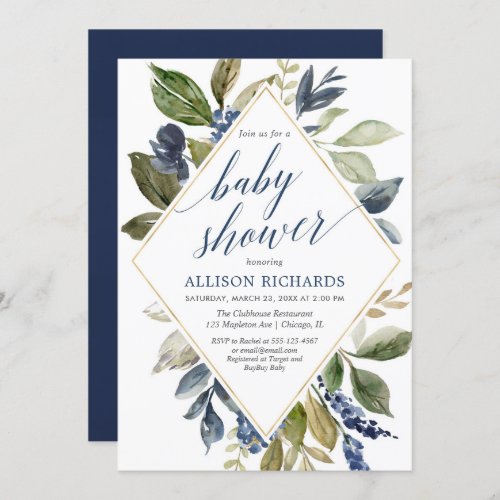 Blue green foliage boy baby shower geometric invitation