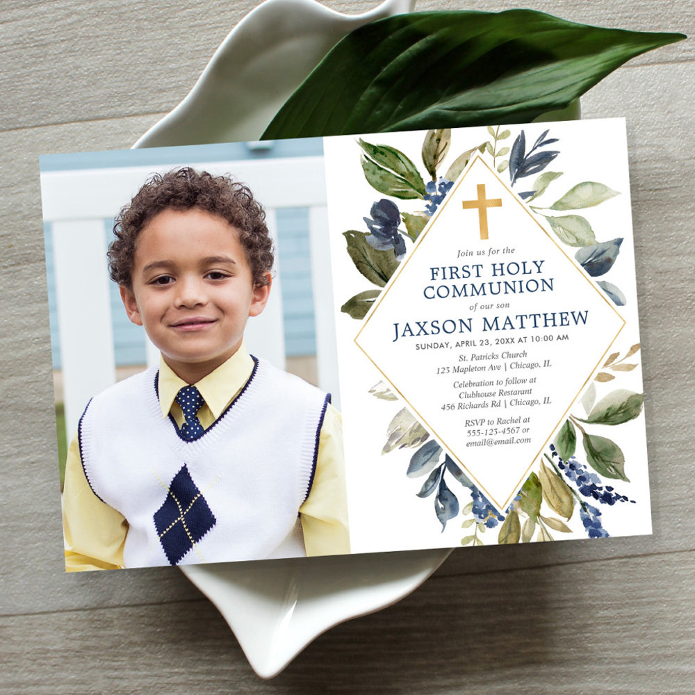 Blue Green Foliage Boy First Communion Photo Invitation