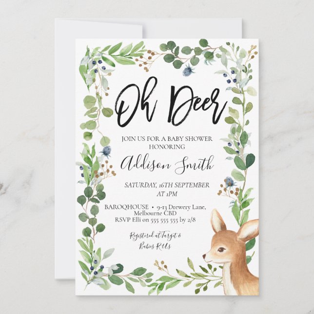 Blue Green Foliage Oh Deer Baby Shower Invitation (Front)