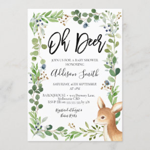 Blue Green Foliage Oh Deer Baby Shower Invitation