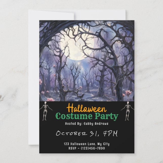 Blue & Green Forest Full Moon Black Halloween Invitation (Front)