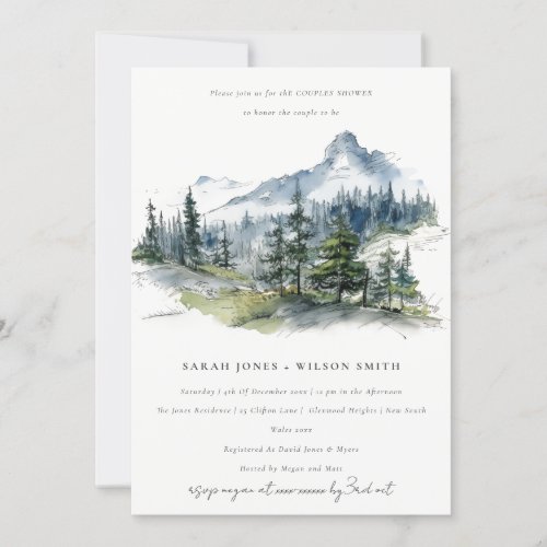 Blue Green Forest Landscape Sketch Couples Shower Invitation