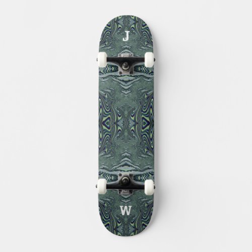 Blue Green Fractal Alien Tribal Pattern Monogram Skateboard