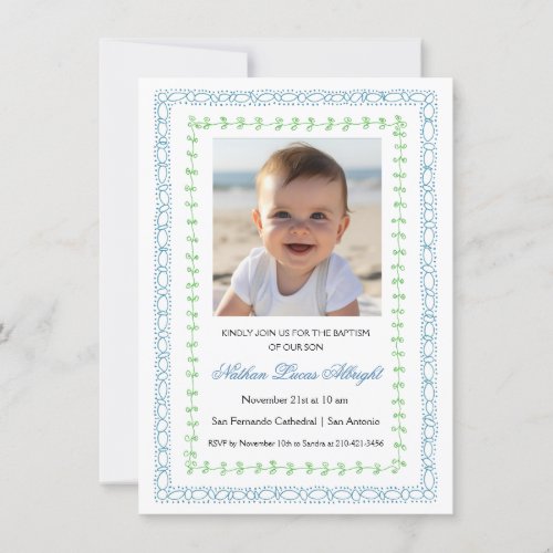 Blue Green Frame Simple Baptism Invitation