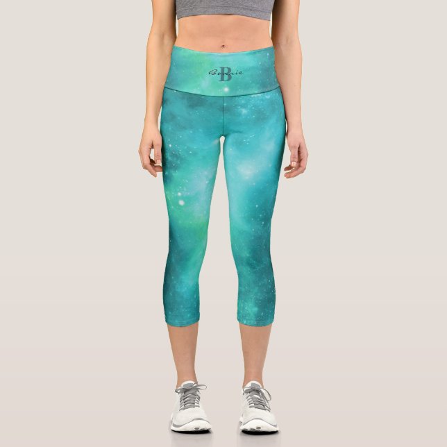Blue Green Galaxy | Monogram & Name Capri Leggings (Front)