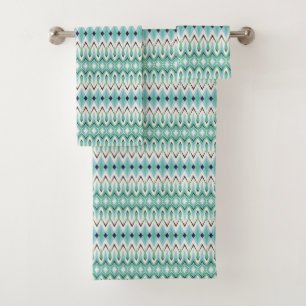 Blue-green geometric diamond print bath towel set