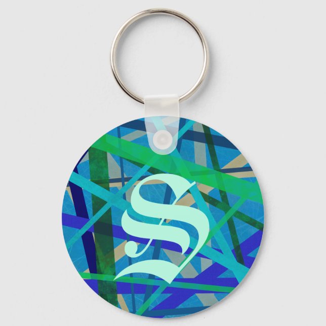 Blue & Green Geometric Pattern Monogram Key Ring (Front)