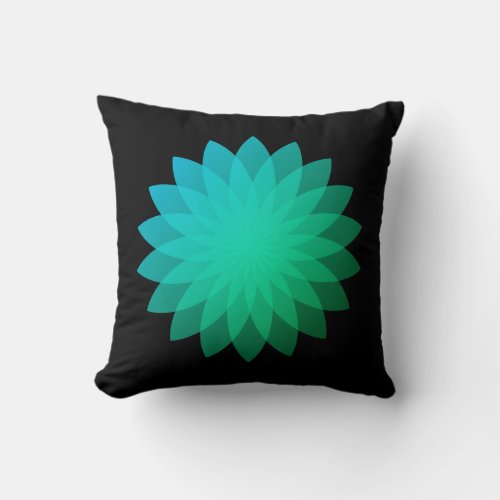 Blue Green Geometric Translucent Flower on Black Throw Pillow
