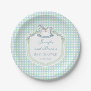 Blue green gingham rocking horse baby boy shower paper plates