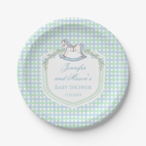 Blue green gingham rocking horse baby boy shower paper plates