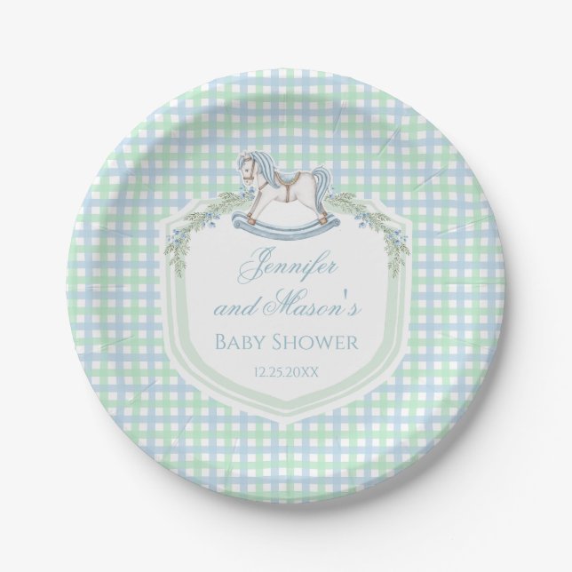 Blue green gingham rocking horse baby boy shower paper plates (Front)