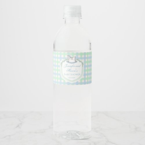 Blue green gingham rocking horse baby boy shower water bottle label