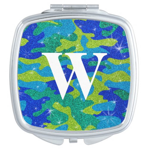 Blue Green Glitter Camouflage Military Monogram Compact Mirror