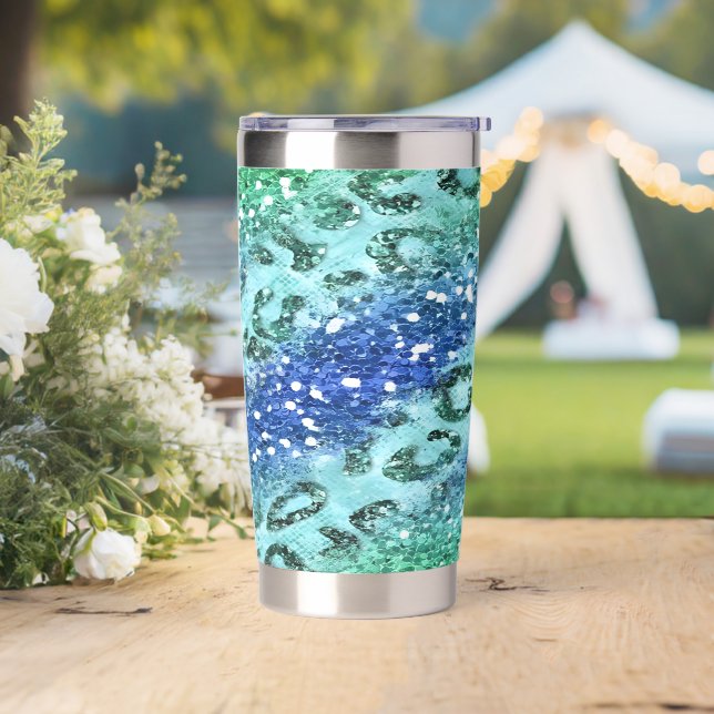 Blue Green Glitter Leopard Insulated Tumbler (Wedding)