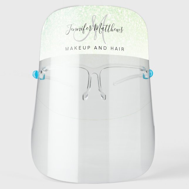 Blue Green Glitter Monogram Logo Hair Salon COVID Face Shield (Front)