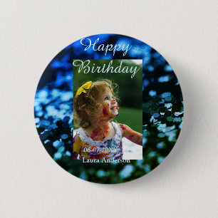 Blue green glitter photo kids birthday modern rust button