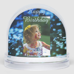Blue green glitter photo kids birthday modern rust snow globe