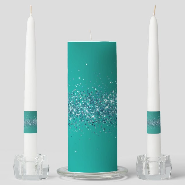 Blue Green Glitter Strip  Unity Candle Set (Front)