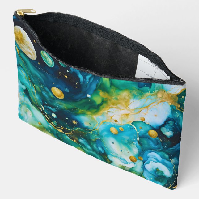 Blue Green Gold Alcohol Ink Cosmos Accessory Pouch (Open)