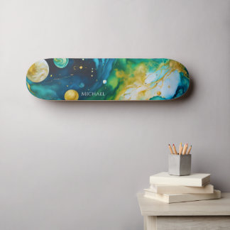 Blue Green Gold Alcohol Ink Cosmos Skateboard