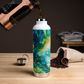 Blue Green Gold Alcohol Ink Cosmos Water Bottle