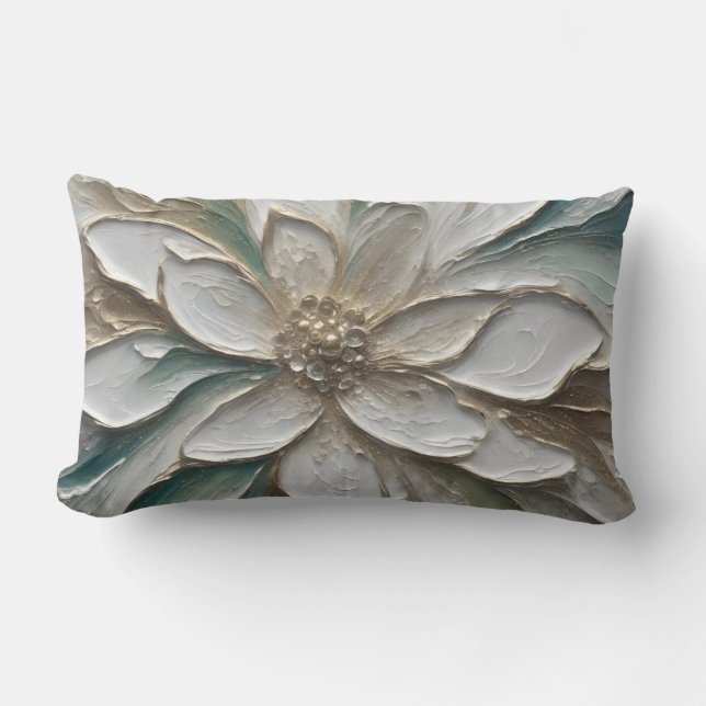 Blue Green Gold and White Abstract Flower Lumbar Pillow (Front)