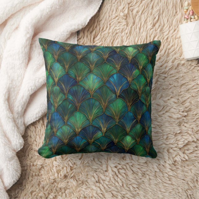 Blue Green Gold Art Deco Geometric Design Throw Pillow (Blanket)