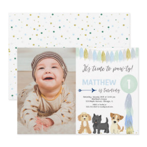 Blue green gold cute dog puppy boy birthday photo invitation