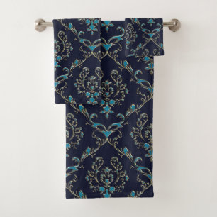 Blue Green Gold Damask On Dark Blue Towel Set