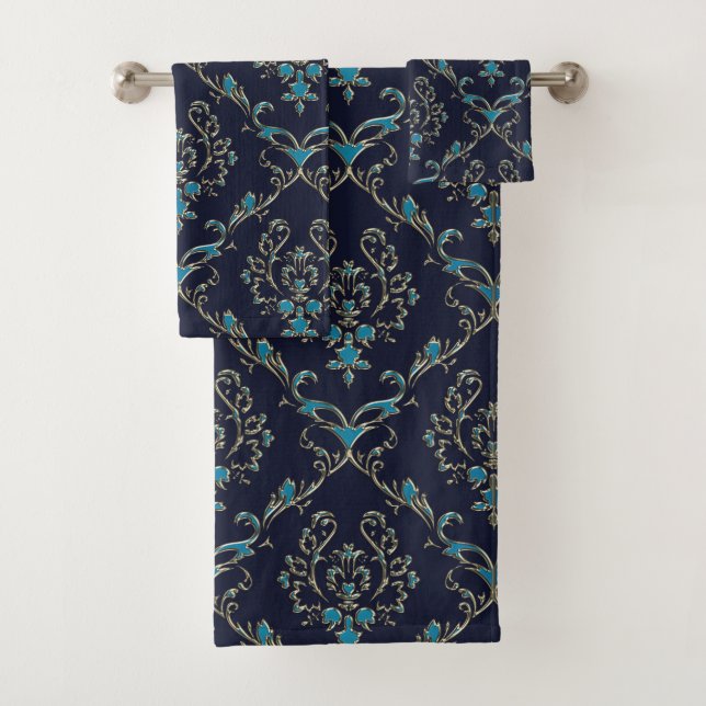 Blue Green Gold Damask On Dark Blue Towel Set (Insitu)