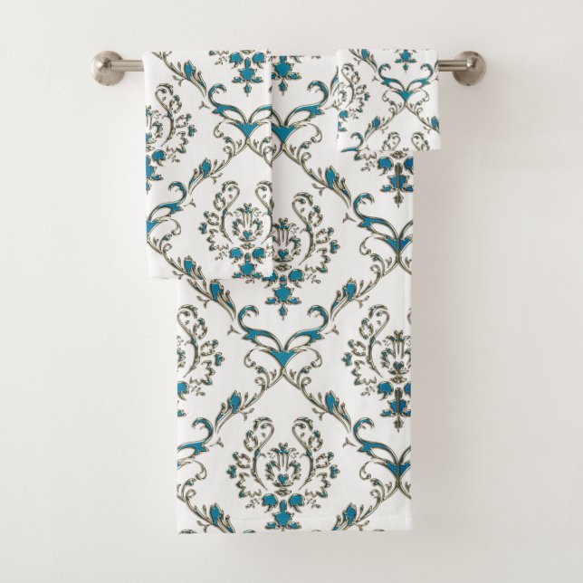 Blue Green Gold Floral Damask Towel Set (Insitu)
