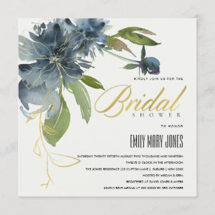 BLUE GREEN GOLD FLORAL WATERCOLOR BRIDAL SHOWER INVITATION