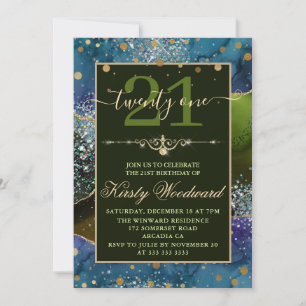 Blue & Green & Gold Glitter Agate Birthday Party Invitation