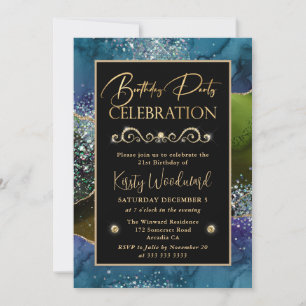 Blue & Green & Gold Glitter Agate Birthday Party Invitation