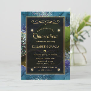 Blue, Green & Gold Glitter Agate Quinceanera Invitation