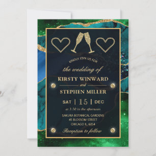 Blue & Green & Gold Glitter Peacock Agate Wedding Invitation