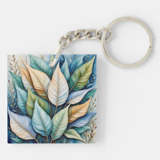 Blue Green gold latte Leaves Keychain