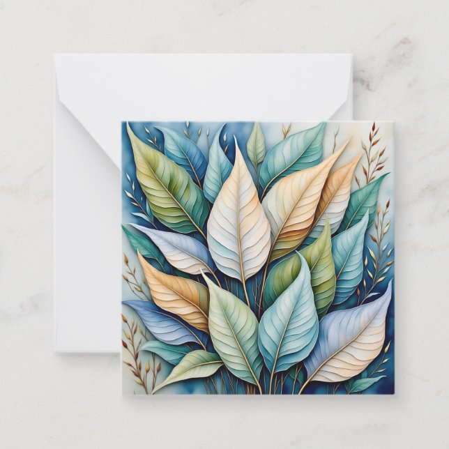 Blue Green Gold Latte Leaves Note Card (Front)
