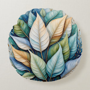 Blue Green gold latte Leaves Round Pillow