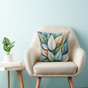 Blue Green gold latte Leaves Throw Pillow