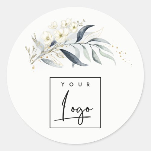 Blue Green Gold Leafy Botanical Add Your Logo Classic Round Sticker