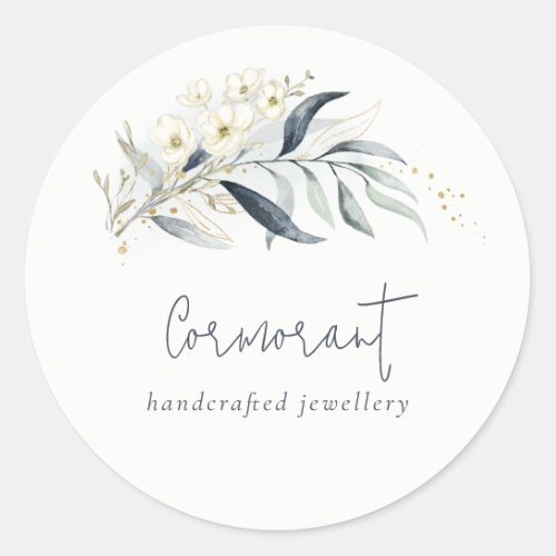 Blue Green Gold Leafy Botanical Floral Bunch Classic Round Sticker