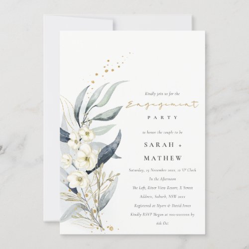 Blue Green Gold Leafy Botanical Floral Engagement Invitation