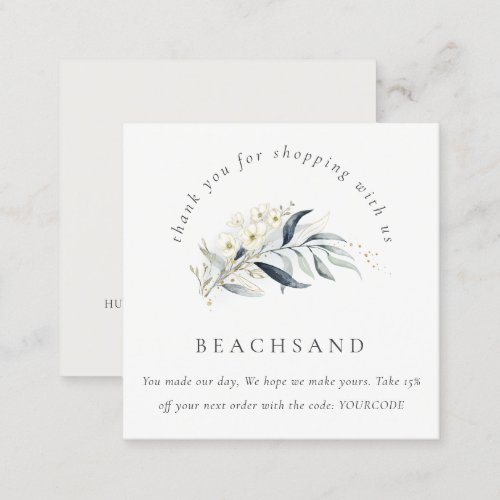 Blue Green Gold Leafy Botanical Floral Thank you Square Business Card
