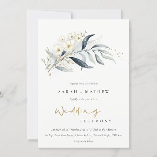 Blue Green Gold Leafy Botanical Floral Wedding Invitation